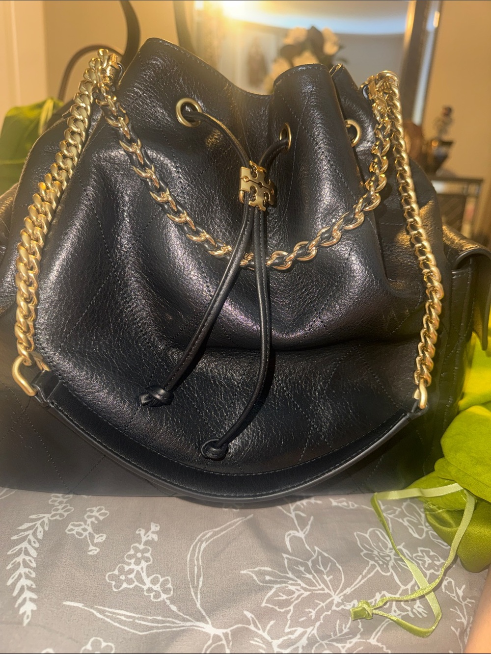 Black Leather Drawstring Bucket Bag with Gold Chain